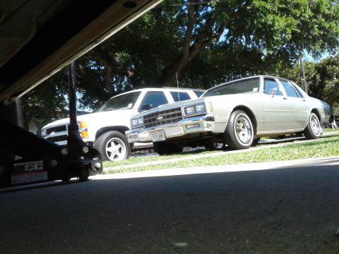 1984 Buick Electra - Two vehicles are parked on a grassy area under trees, with a car jack in the foreground.