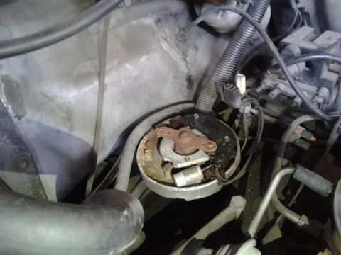 1984 Buick Electra - Close-up view of a worn engine distributor cap, showing signs of age and use.