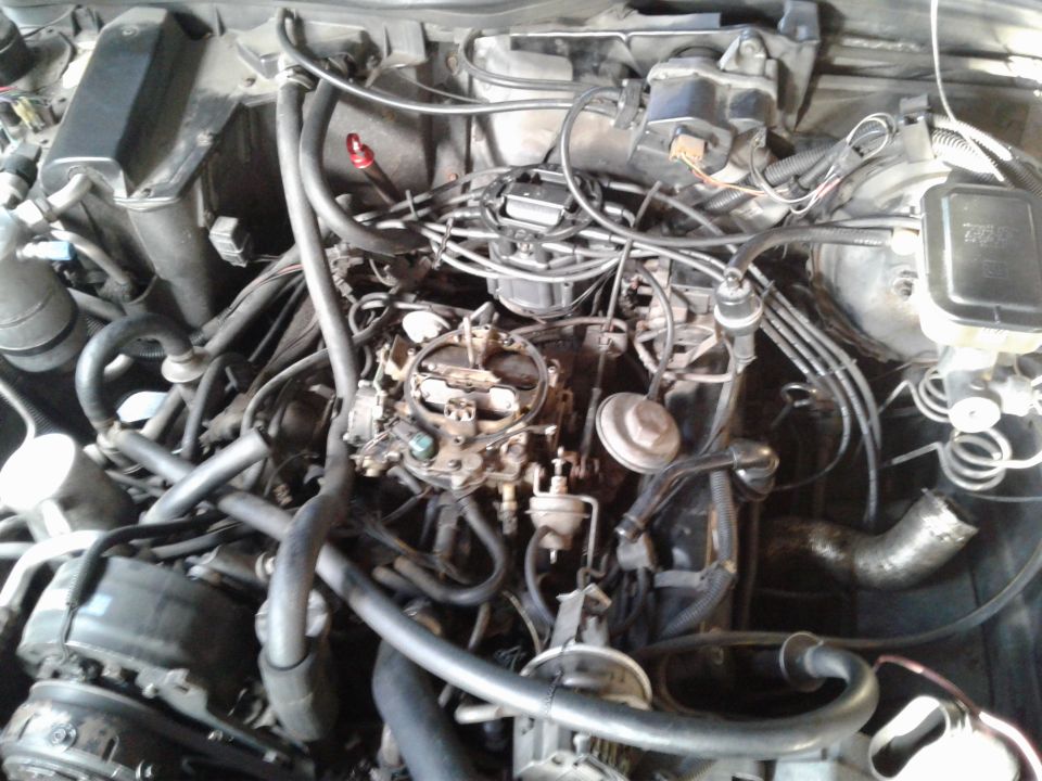 Engine bay showing carburetor, distributor, and various hoses and wires