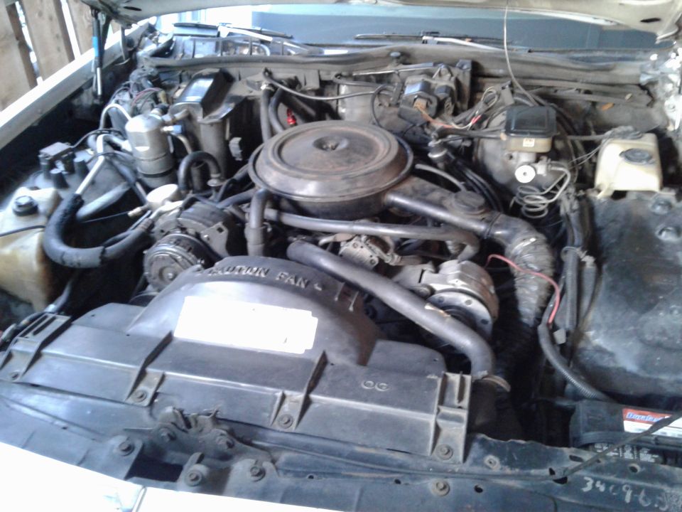 Engine bay of a 1984 Buick Electra, showing the V8 engine, radiator fan, and various hoses and components