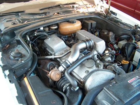 2001 Ford Crown Victoria - The engine bay of a vehicle, showing various components and hoses.
