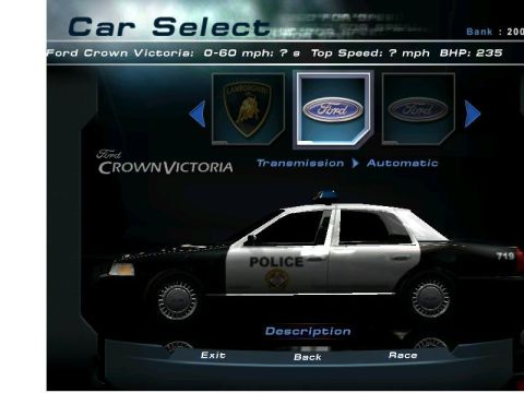 2001 Ford Crown Victoria - A Ford Crown Victoria police car is displayed on a video game's car select screen, showing its side profile.