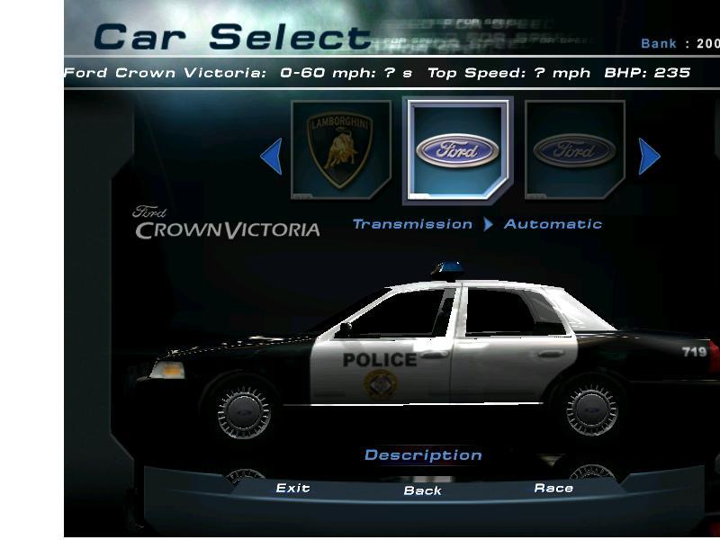 Side view of a black and white Ford Crown Victoria police car in a video game