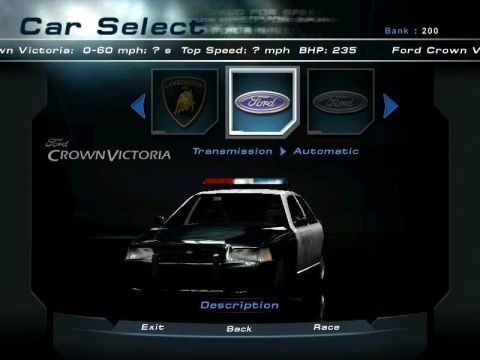 2001 Ford Crown Victoria - This is a screenshot from a car selection menu in a video game, not a real car photo.