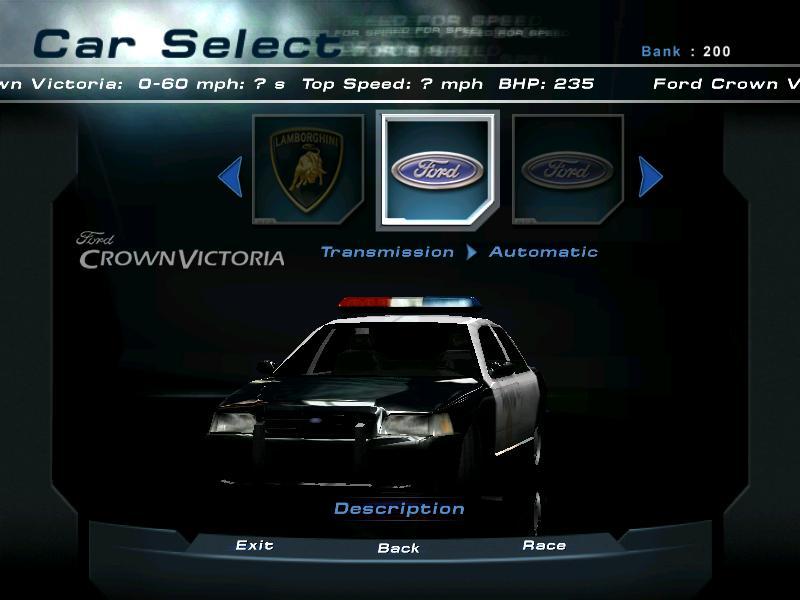Need for Speed game screen showing Ford Crown Victoria police car selection with transmission set to Automatic