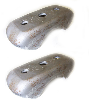 1979 Ford Bronco - Two unpainted metal brackets with three holes each are shown against a white background. The brackets appear to be for a vehicle part, poss…