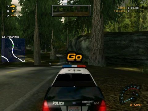 2001 Ford Crown Victoria - This is a screenshot from a video game, showing a police car from behind on a wooded road.