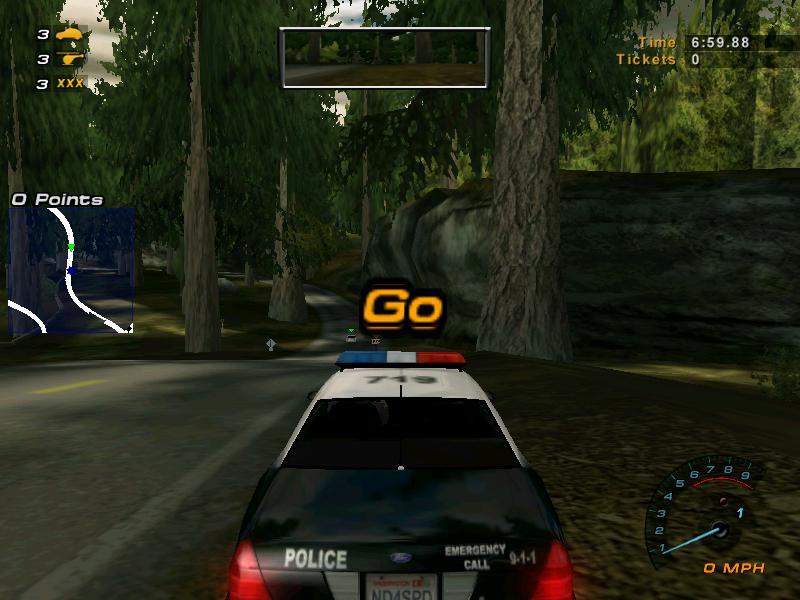 Police car in a video game, driving on a road through trees. Has 'POLICE' on the back