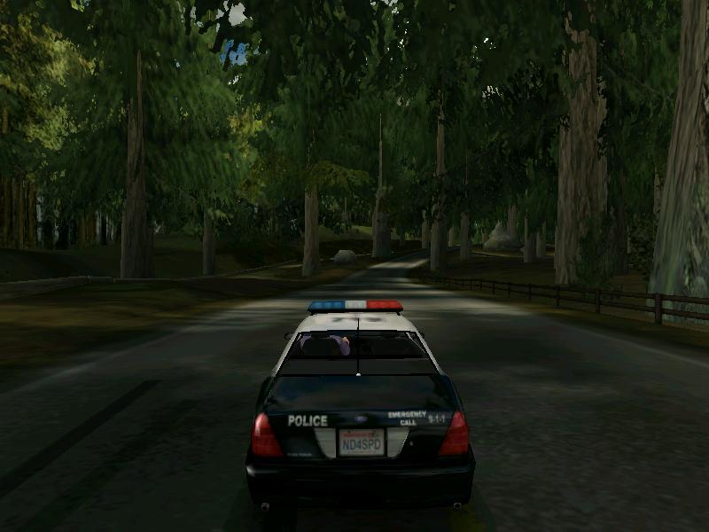 Police car from behind, black with light bar, on a tree-lined road