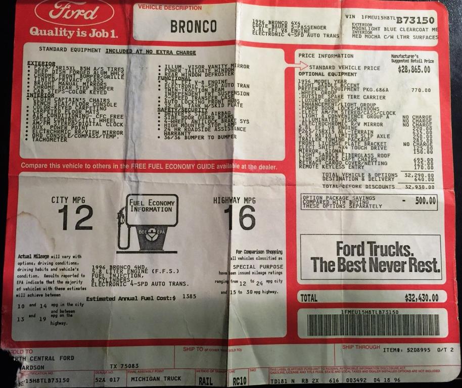1996 Ford Bronco 4x4 Eddie Bauer window sticker with equipment list, pricing and 12/16 MPG fuel economy