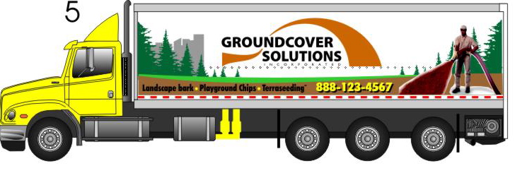 Yellow truck with Groundcover Solutions trailer, side view