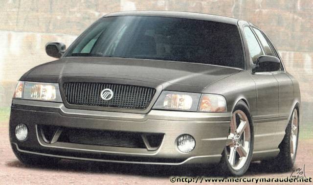 Rendering of a lowered gray-green Mercury sedan with body kit and five-spoke wheels