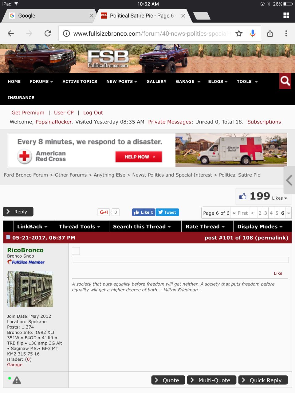 Forum post with Milton Friedman quote and user profile