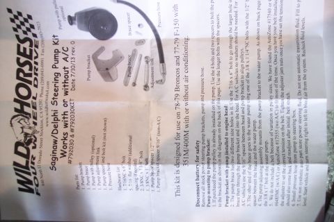 1978 Ford Bronco - This document details a steering pump kit for older Ford Broncos and F-150 trucks.