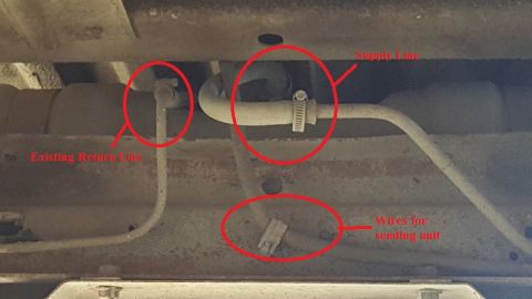 1978 Ford Bronco - Underside view of a vehicle showing fuel lines and wiring. Labeled components include the existing return line, supply line, and wires for…