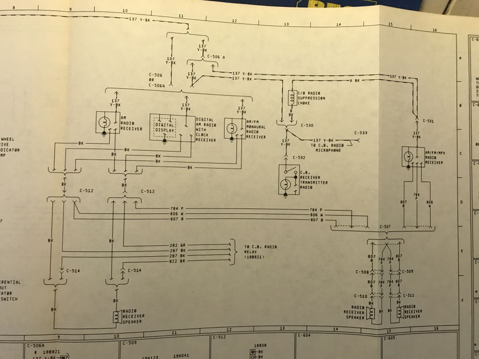 Ford radio and CB receiver wiring diagram with connectors, speakers and color-coded wires