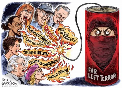 1995 Mercury Grand Marquis - A political cartoon depicts several people shouting inflammatory phrases directed at a dynamite stick labeled "FAR LEFT TERROR." The dynami…