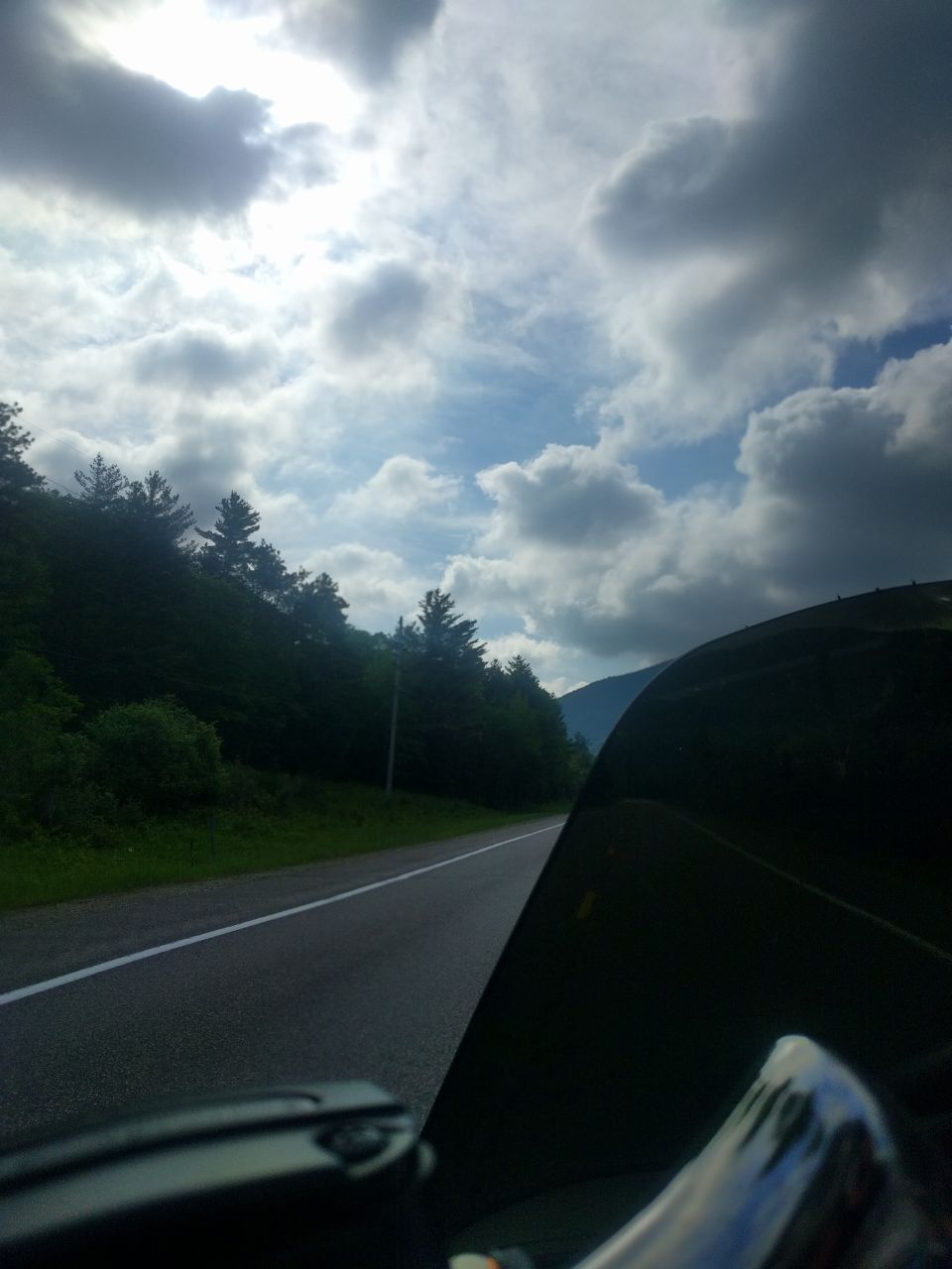 Motorcycle windshield and handlebars on a road through a forest.