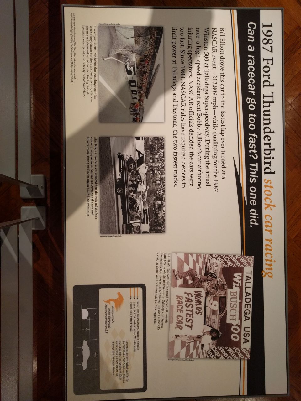 Display board about the 1987 Ford Thunderbird stock car, featuring text, photos, and car specifications.