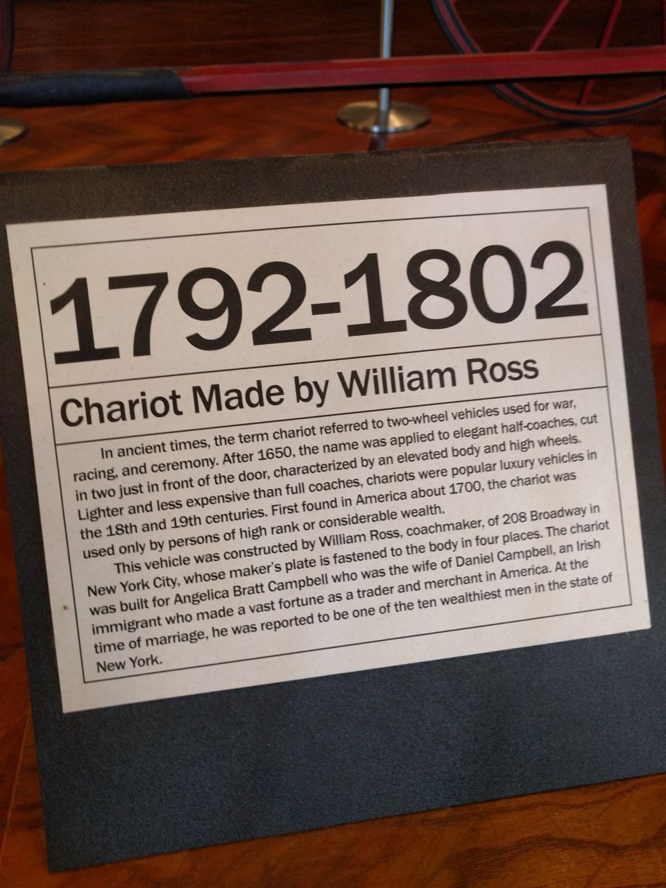 Sign with text about chariots made by William Ross from 1792-1802.