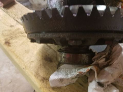 1996 Ford Bronco - A close-up view of a differential gear and bearing assembly, resting on a wooden surface with a rag.