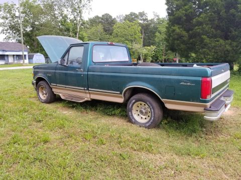 1996 Ford F-150 - This 1996 Ford F-150 pickup truck is shown from the side with its hood open, parked on a grassy area.