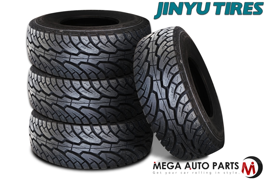 stack of Jinyu Tires and one tire on its side, with Mega Auto Parts logo
