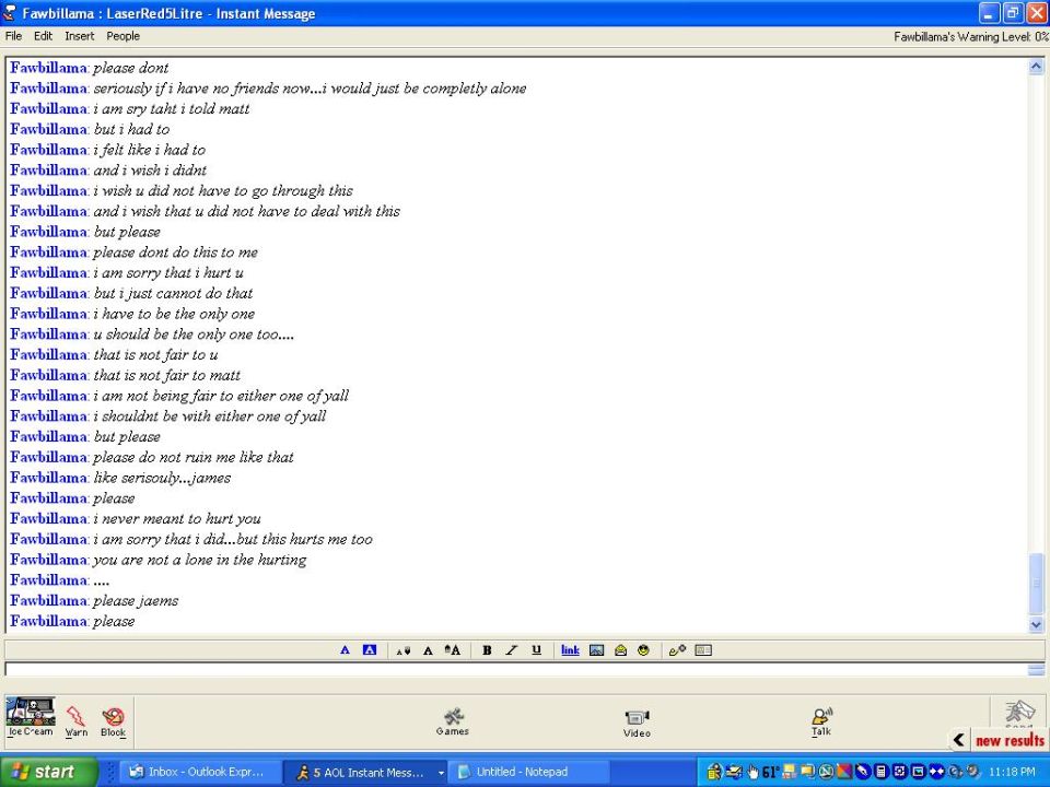 Screenshot of an AOL Instant Messenger conversation window with repeated apologetic messages