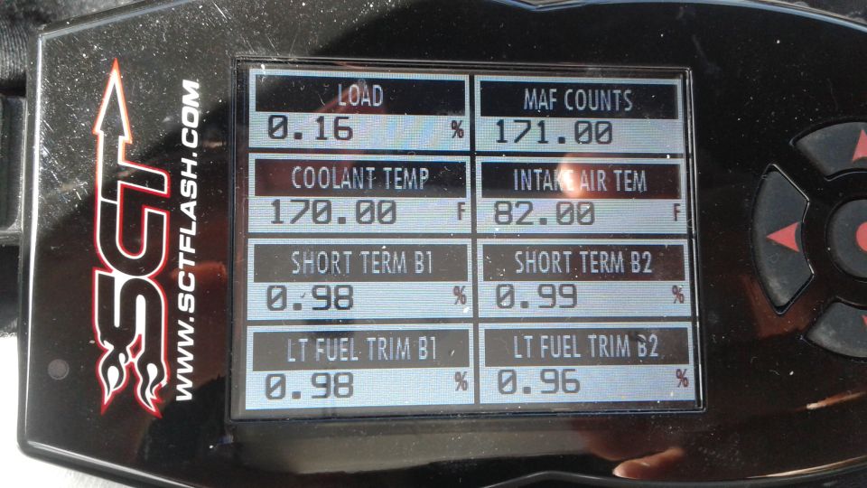 SCT Performance tuner showing load, coolant temp, short term B1/B2, and LT fuel trim B1/B2