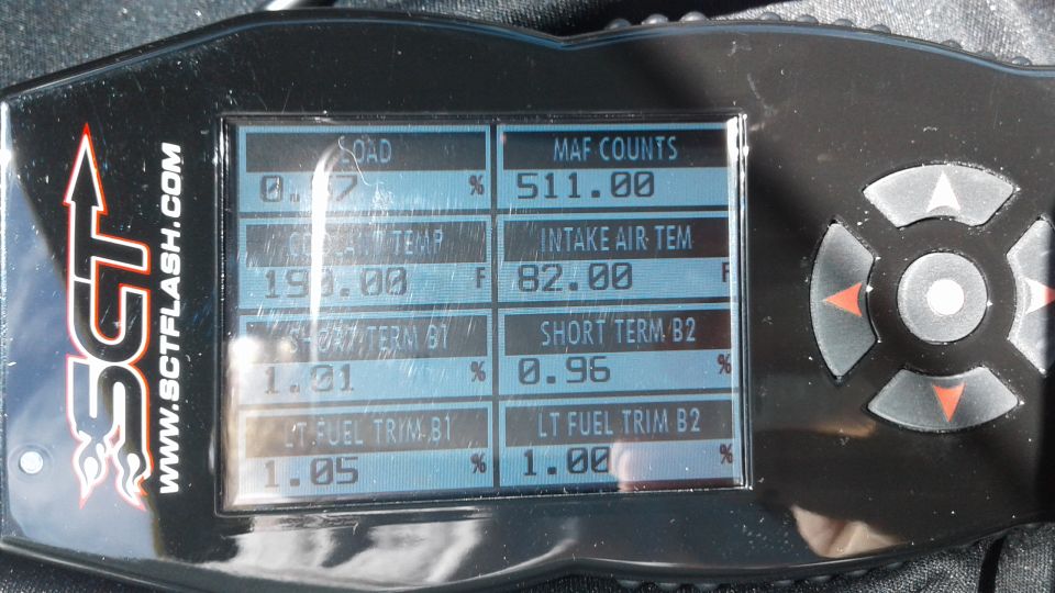SCT tuner screen showing live engine data including MAF counts, coolant temp, and fuel trims