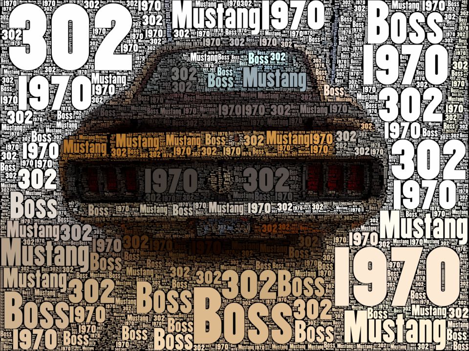 Rear view of a car made of text, with '1970', 'Mustang', and 'Boss 302' repeated