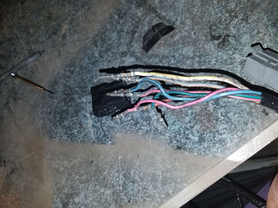Photo of a cut wiring harness with crimped terminals and multicolored wires