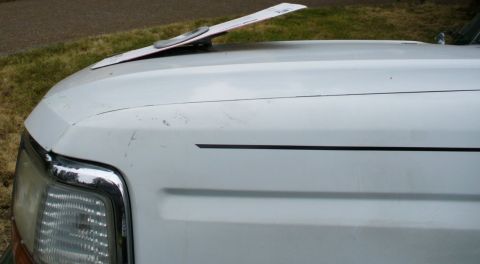 1992 Ford Bronco - Subaru hood scoop, placement with template for better slope visual. The back edge of the hood cutout would need to come up some.