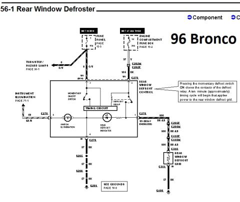 1996 Ford Bronco - 1996 Ford Bronco rear window defroster wiring diagram showing the switch, defrost relay, timing circuit and grid.