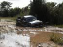 1989 Ford Bronco - A dark Ford F-150 is stuck in a muddy field with trees in the background.