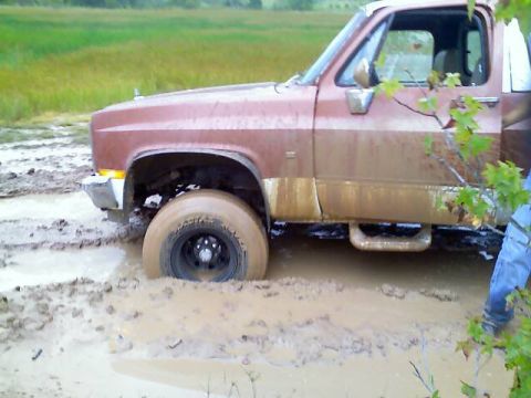 1989 Ford Bronco - This truck is really stuck in the mud, with only the side visible.