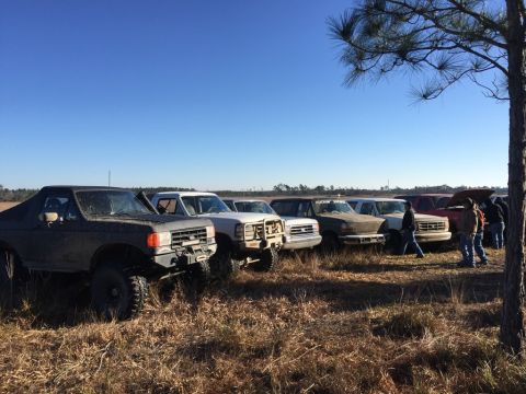 1989 Ford Bronco - A group of off-road vehicles are lined up in a grassy field on a sunny day.