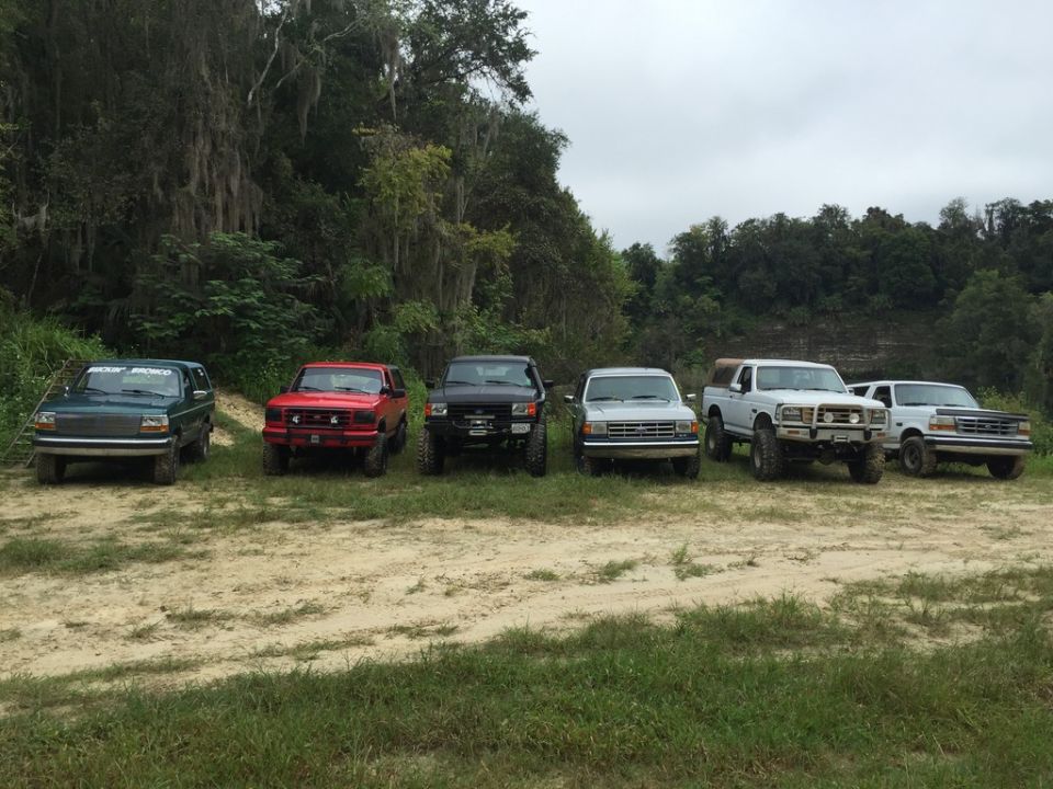 Green 1989 Ford Bronco parked with other SUVs