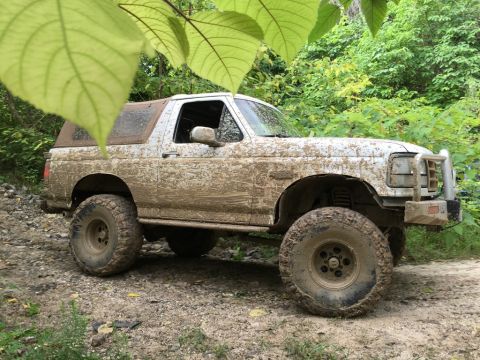 1989 Ford Bronco - This SUV is covered in mud after driving off-road through a wooded area.