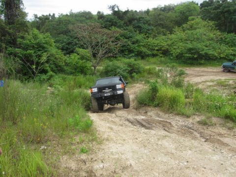 1989 Ford Bronco - A black SUV navigates a muddy dirt track surrounded by lush green vegetation.