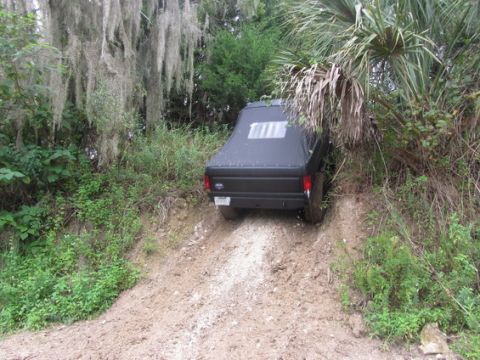 1989 Ford Bronco - This SUV is navigating a steep, muddy incline amidst overgrown vegetation.