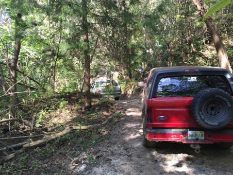1989 Ford Bronco - Two SUVs navigating a muddy trail through a wooded area.