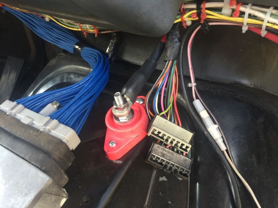 Bundle of blue wires connected to a red terminal, with other colorful wires and connectors nearby