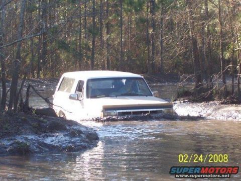 1989 Ford Bronco - A white 1989 Ford Bronco navigates through a muddy, water-filled wooded area.