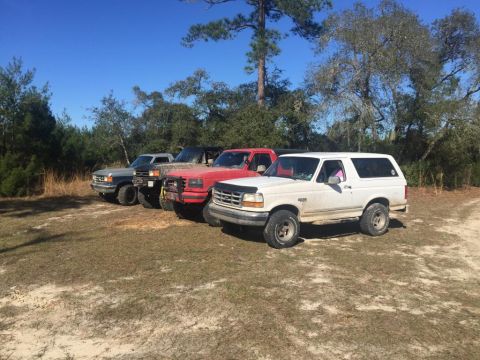 1989 Ford Bronco - A line of four SUVs, including a white 1992 Ford Bronco, are parked outdoors on a sunny day.