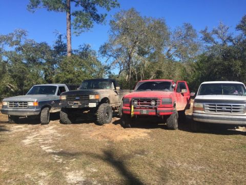 1989 Ford Bronco - A lineup of four pickup trucks, with the red truck in the foreground appearing to be a 1987-1991 Ford F-150.