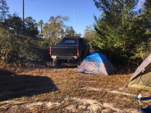1989 Ford Bronco - A 1989 Ford Bronco is parked at a campsite with two tents set up in the foreground.