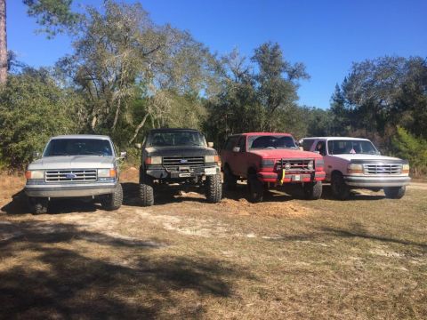1989 Ford Bronco - Four Ford trucks and SUVs are parked in a grassy area with trees in the background.
