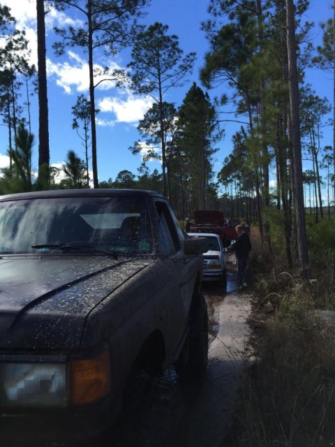 1989 Ford Bronco - Several vehicles are driving down a muddy, wooded path on a cloudy day.