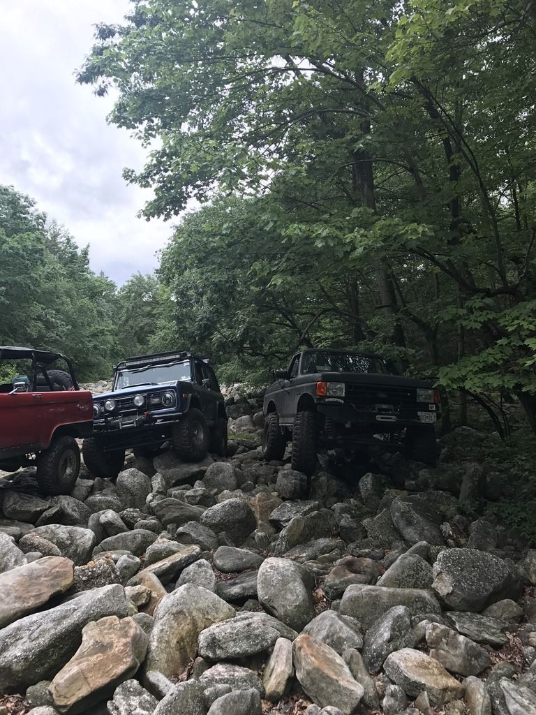 Three modified off-road trucks navigate a boulder-strewn path in a wooded area; one is red, one black, and one gray